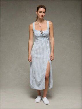 NWT AE Linen Blend Catie Corset Column Midi Dress, Blue Striped, Size Small